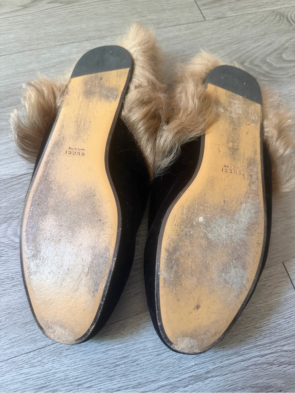 Gucci Black Suede Slides with Tan Fur Trim